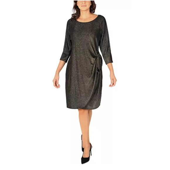 Robbie Bee Black Gold Metallic Side-Tie Sheath Dress Sz. M Cocktail Party Work - Picture 1 of 12
